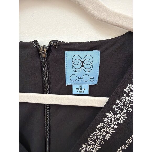 CeCe Black & White Floral Stripe V-Neck Long Sleeve Belted Dress Size 10 Polyest - Picture 2 of 6